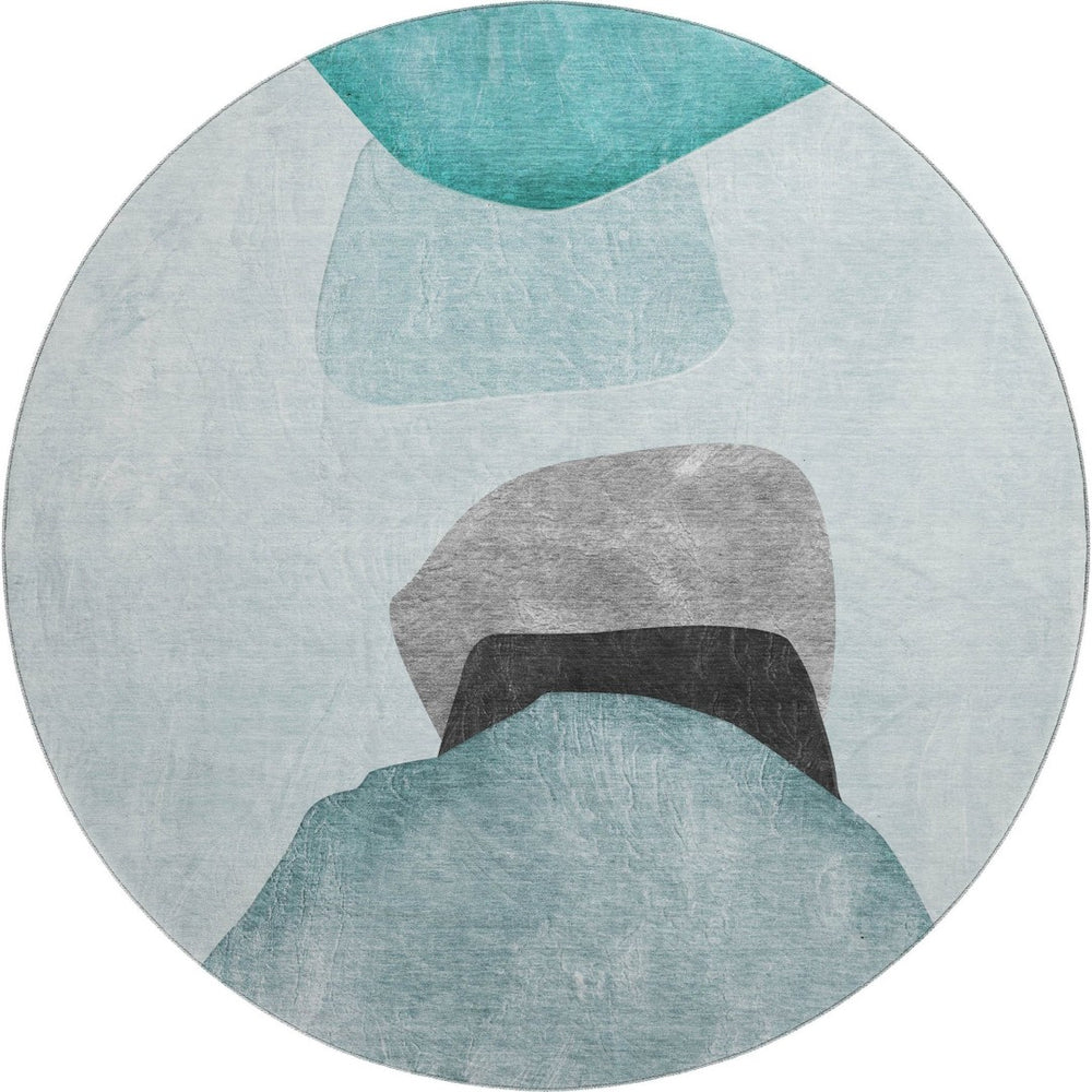 HomeRoots 8' Teal And Gray Abstract Round Rug - Washable, UV-Protected, Stain-Resistant for High-Traffic Areas 648487