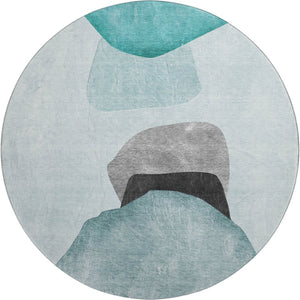 HomeRoots 8' Teal And Gray Abstract Round Rug - Washable, UV-Protected, Stain-Resistant for High-Traffic Areas 648487