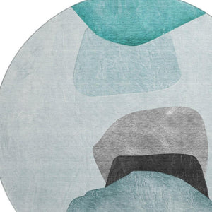 HomeRoots 8' Teal And Gray Abstract Round Rug - Washable, UV-Protected, Stain-Resistant for High-Traffic Areas 648487