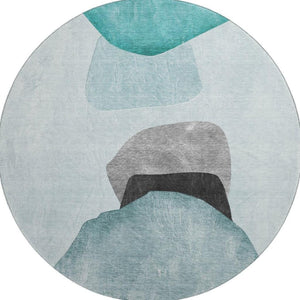 HomeRoots 8' Teal And Gray Abstract Round Rug - Washable, UV-Protected, Stain-Resistant for High-Traffic Areas 648487