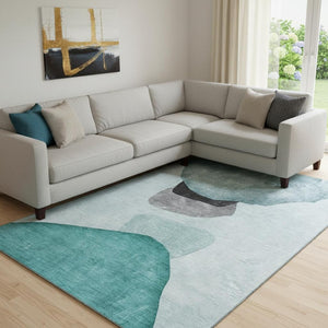 HomeRoots 8' X 10' Teal and Gray Abstract Area Rug - Stain Resistant, UV Protected, Perfect for High-Traffic Spaces 648488