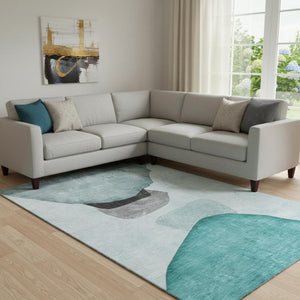 HomeRoots 9' X 12' Stylish Teal and Gray Abstract Washable Area Rug with UV Protection & Stain Resistance 648489