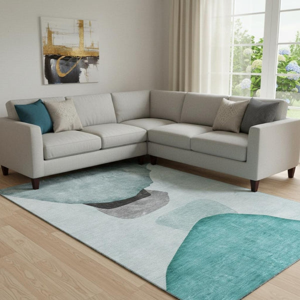 HomeRoots 9' X 12' Stylish Teal and Gray Abstract Washable Area Rug with UV Protection & Stain Resistance 648489