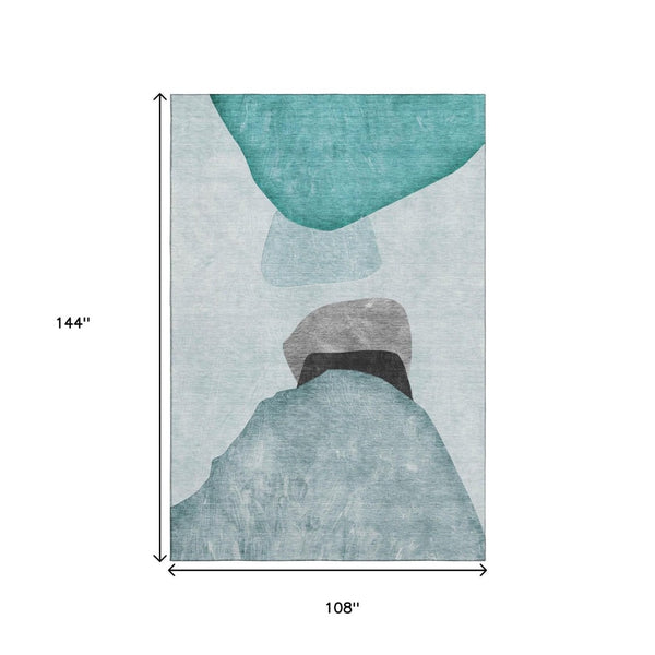 HomeRoots 9' X 12' Stylish Teal and Gray Abstract Washable Area Rug with UV Protection & Stain Resistance 648489