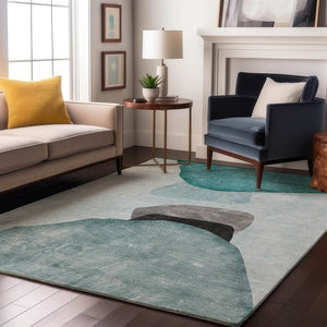 HomeRoots 10' X 14' Teal & Gray Abstract Washable Area Rug - Durable, Stain-Resistant, UV-Protected Design! 648490
