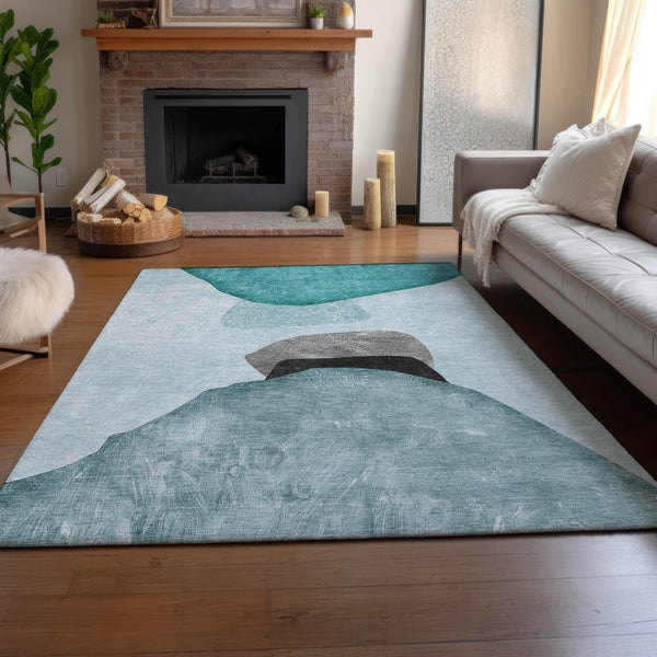 HomeRoots 10' X 14' Teal & Gray Abstract Washable Area Rug - Durable, Stain-Resistant, UV-Protected Design! 648490