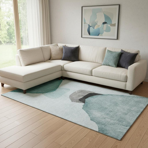 HomeRoots 10' X 14' Teal & Gray Abstract Washable Area Rug - Durable, Stain-Resistant, UV-Protected Design! 648490