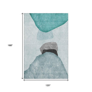 HomeRoots 10' X 14' Teal & Gray Abstract Washable Area Rug - Durable, Stain-Resistant, UV-Protected Design! 648490