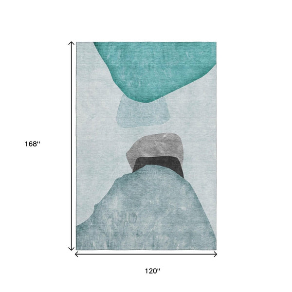 HomeRoots 10' X 14' Teal & Gray Abstract Washable Area Rug - Durable, Stain-Resistant, UV-Protected Design! 648490