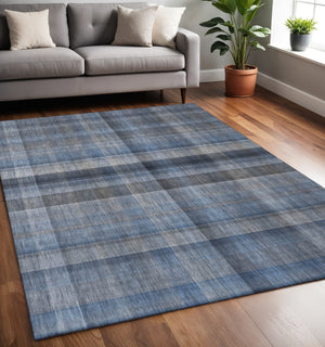 HomeRoots 5' X 8' Blue and Gray Plaid Washable Area Rug - Durable, UV Protected, Perfect for Family Homes! 648492