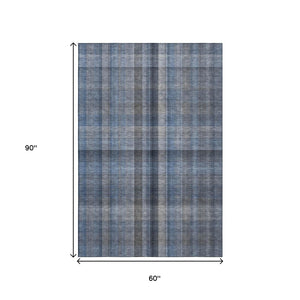 HomeRoots 5' X 8' Blue and Gray Plaid Washable Area Rug - Durable, UV Protected, Perfect for Family Homes! 648492