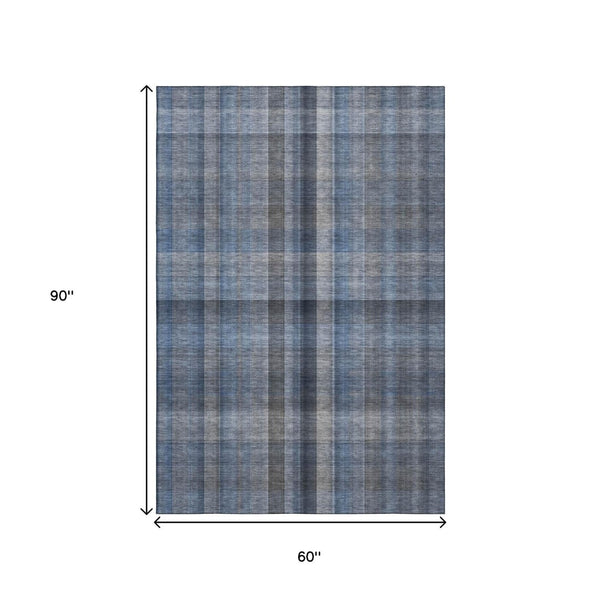 HomeRoots 5' X 8' Blue and Gray Plaid Washable Area Rug - Durable, UV Protected, Perfect for Family Homes! 648492