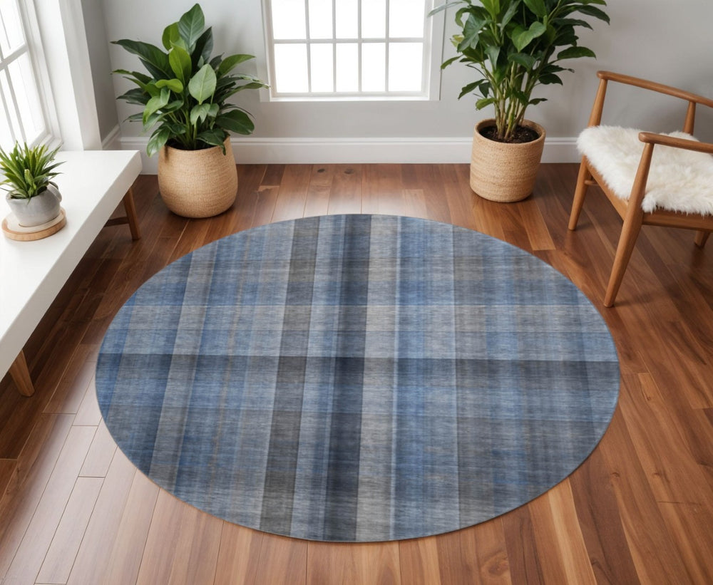 HomeRoots 8' Blue and Gray Plaid Round Rug - Washable, UV Protected, Stylish, and Durable for Any Space 648493
