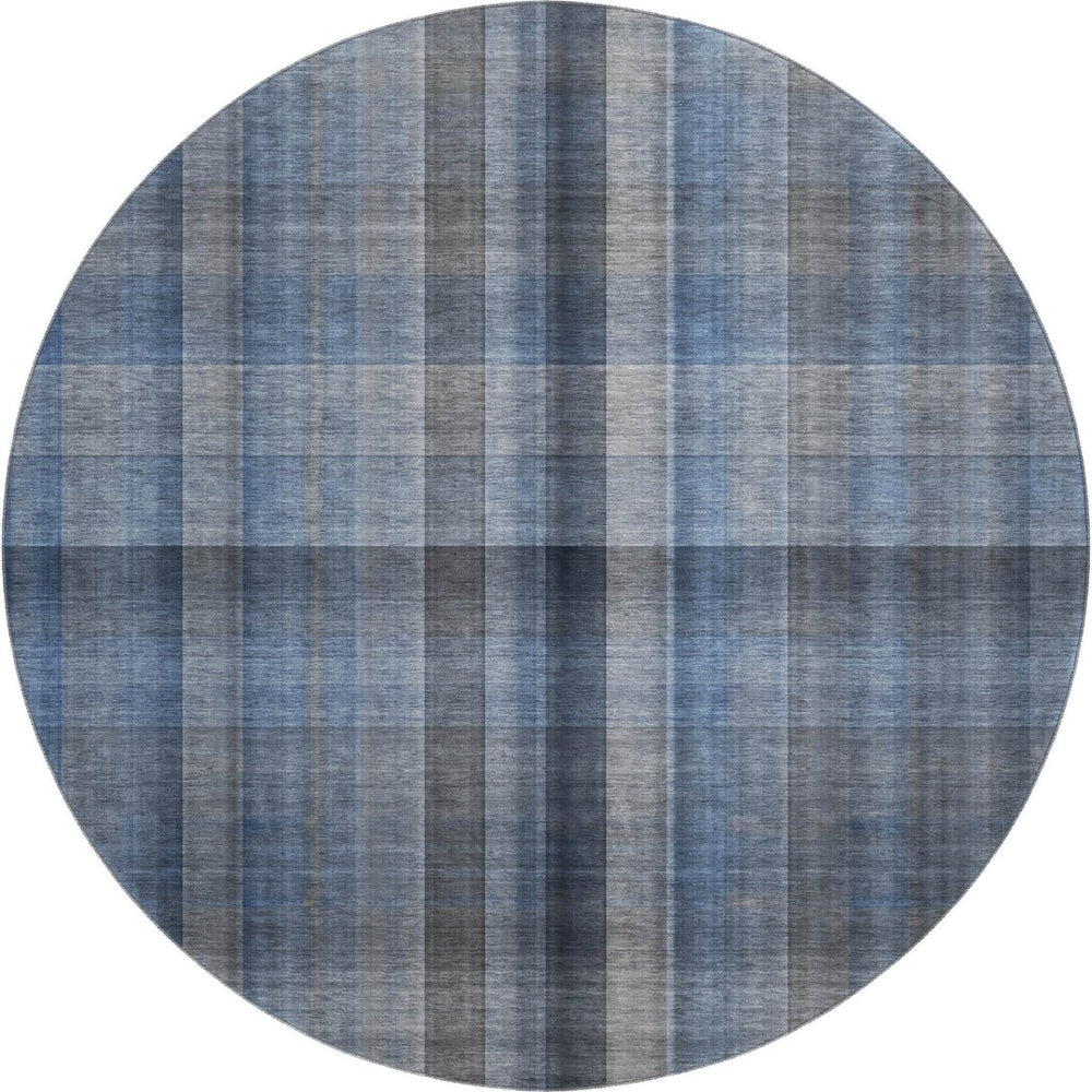 HomeRoots 8' Blue and Gray Plaid Round Rug - Washable, UV Protected, Stylish, and Durable for Any Space 648493