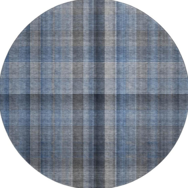 HomeRoots 8' Blue and Gray Plaid Round Rug - Washable, UV Protected, Stylish, and Durable for Any Space 648493