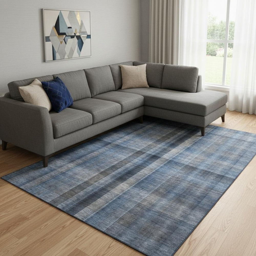 HomeRoots 8' X 10' Blue and Gray Plaid Washable Area Rug with UV Protection for Homes with Kids and Pets 648494