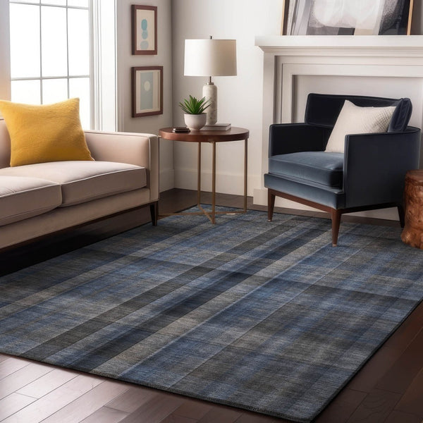 HomeRoots 8' X 10' Blue and Gray Plaid Washable Area Rug with UV Protection for Homes with Kids and Pets 648494