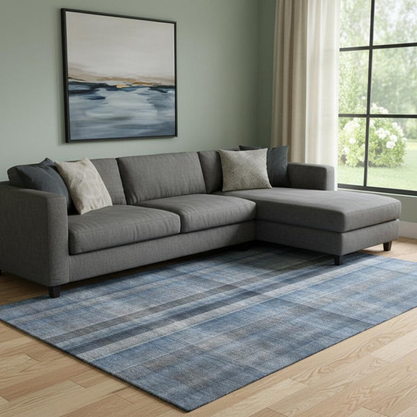 HomeRoots 9' X 12' Blue and Gray Plaid Washable Area Rug - Durable, UV-Protected, Stain-Resistant for Active Homes 648495