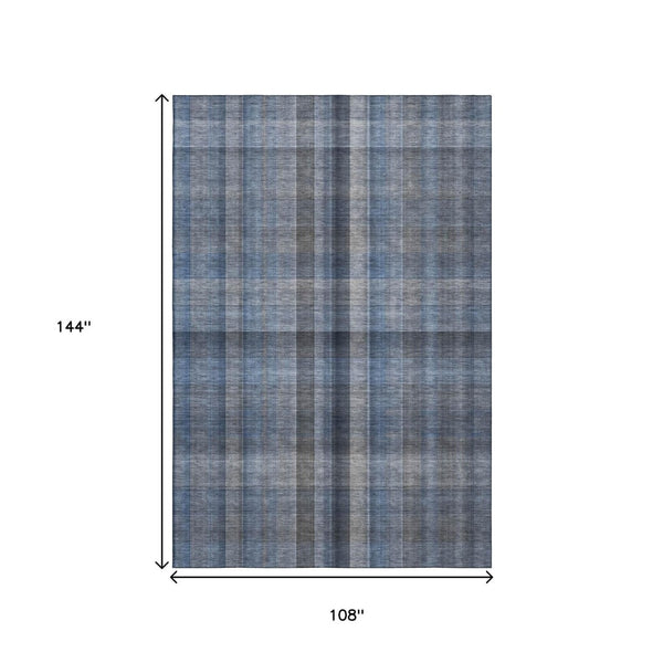 HomeRoots 9' X 12' Blue and Gray Plaid Washable Area Rug - Durable, UV-Protected, Stain-Resistant for Active Homes 648495