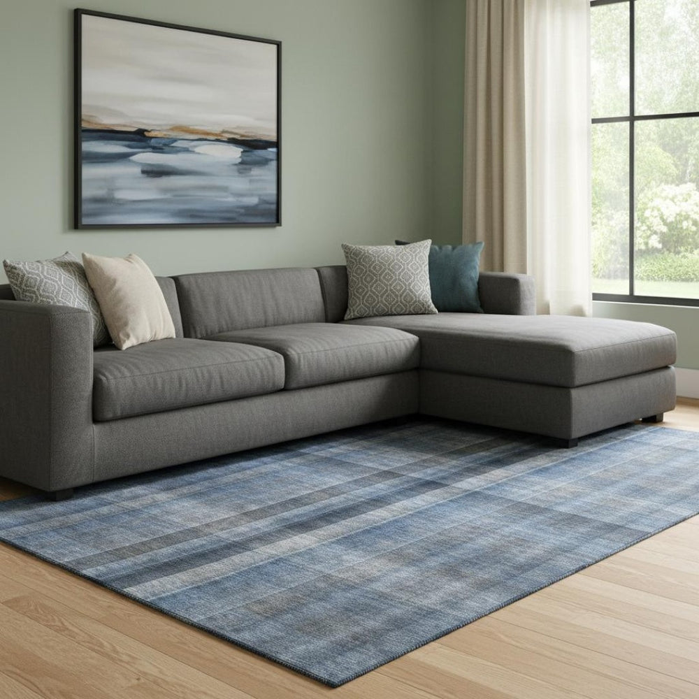 HomeRoots 10' X 14' Blue And Gray Plaid Washable Area Rug - Stylish, Stain-Resistant, UV Protected for Durability 648496
