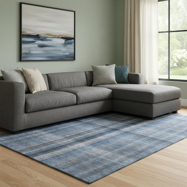 HomeRoots 10' X 14' Blue And Gray Plaid Washable Area Rug - Stylish, Stain-Resistant, UV Protected for Durability 648496