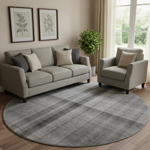 HomeRoots 8' Gray And Ivory Plaid Washable Round Rug - Durable, Stylish & UV Protected for High-Traffic Areas 648499