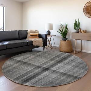 HomeRoots 8' Gray And Ivory Plaid Washable Round Rug - Durable, Stylish & UV Protected for High-Traffic Areas 648499