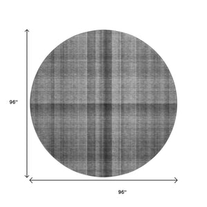 HomeRoots 8' Gray And Ivory Plaid Washable Round Rug - Durable, Stylish & UV Protected for High-Traffic Areas 648499