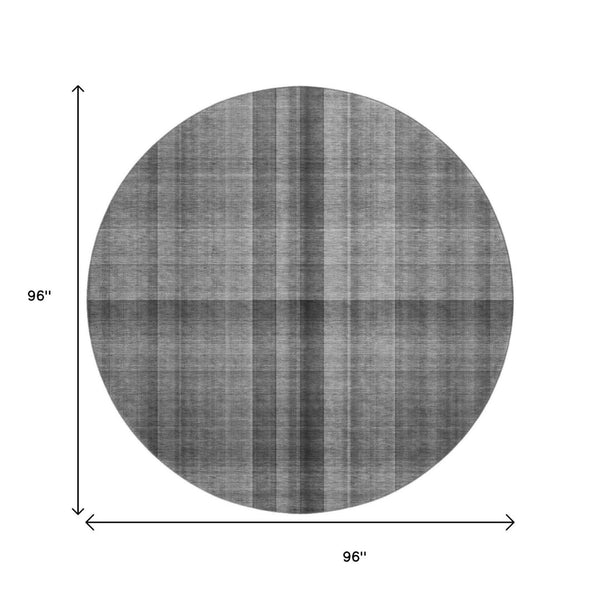 HomeRoots 8' Gray And Ivory Plaid Washable Round Rug - Durable, Stylish & UV Protected for High-Traffic Areas 648499