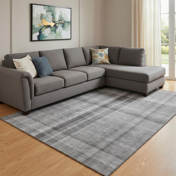 HomeRoots 10' X 14' Gray and Ivory Plaid Washable Area Rug - Stain Resistant, UV Protected, Family-Friendly Design 648502