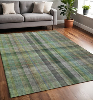 HomeRoots 5' X 8' Green And Gray Plaid Machine-Washable Area Rug – Stain Resistant, UV Protected, Versatile Style 648504