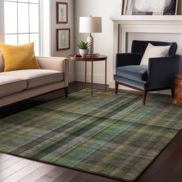 HomeRoots 5' X 8' Green And Gray Plaid Machine-Washable Area Rug – Stain Resistant, UV Protected, Versatile Style 648504