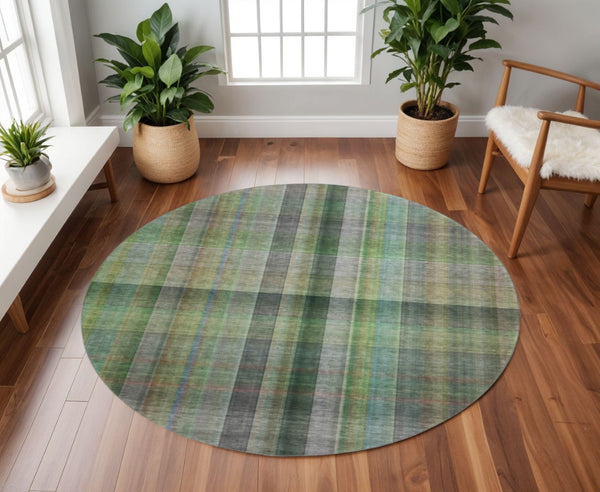 HomeRoots 8' Green and Gray Plaid Washable Round Rug - Durable, UV-Protected, Soft Texture for Family Spaces 648505