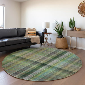 HomeRoots 8' Green and Gray Plaid Washable Round Rug - Durable, UV-Protected, Soft Texture for Family Spaces 648505