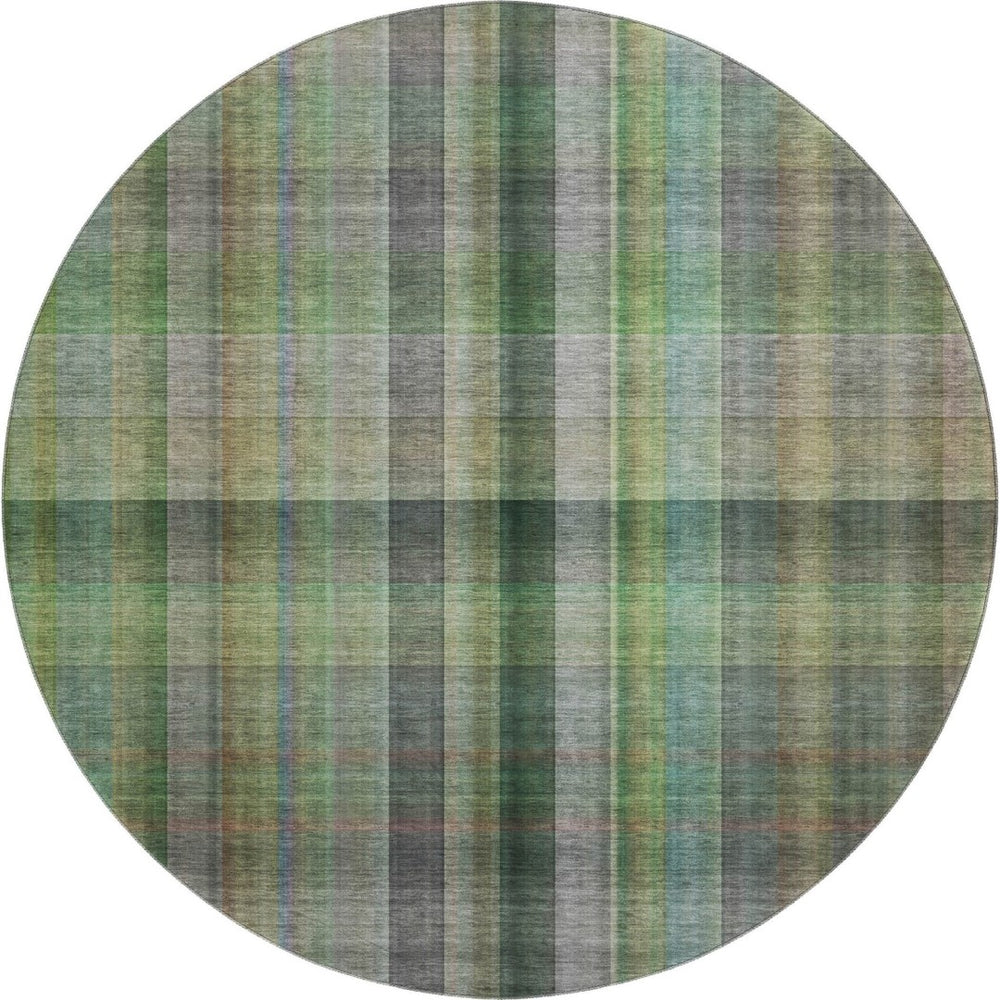 HomeRoots 8' Green and Gray Plaid Washable Round Rug - Durable, UV-Protected, Soft Texture for Family Spaces 648505