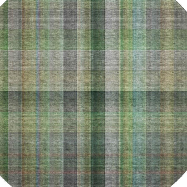 HomeRoots 8' Green and Gray Plaid Washable Round Rug - Durable, UV-Protected, Soft Texture for Family Spaces 648505