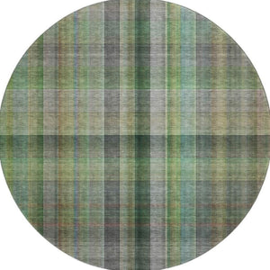 HomeRoots 8' Green and Gray Plaid Washable Round Rug - Durable, UV-Protected, Soft Texture for Family Spaces 648505