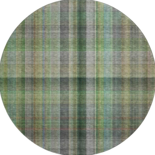 HomeRoots 8' Green and Gray Plaid Washable Round Rug - Durable, UV-Protected, Soft Texture for Family Spaces 648505