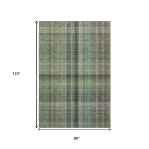 HomeRoots 8' X 10' Washable Green and Gray Plaid Area Rug - Durable, Stain-Resistant, UV Protected for Homes 648506