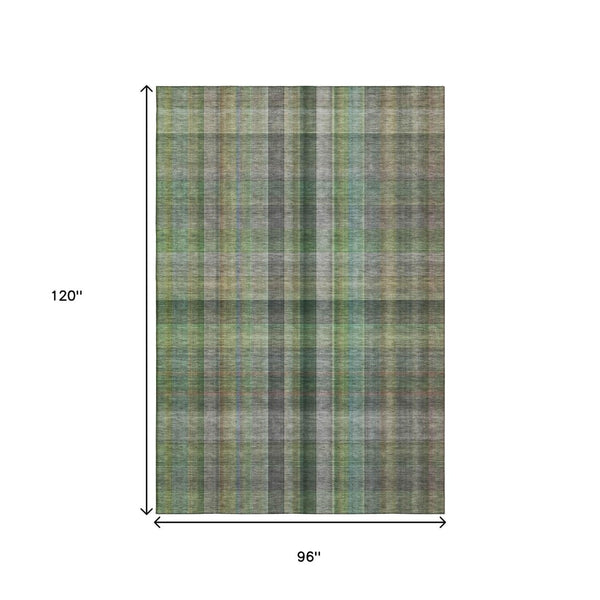 HomeRoots 8' X 10' Washable Green and Gray Plaid Area Rug - Durable, Stain-Resistant, UV Protected for Homes 648506