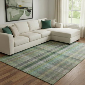 HomeRoots 8' X 10' Washable Green and Gray Plaid Area Rug - Durable, Stain-Resistant, UV Protected for Homes 648506