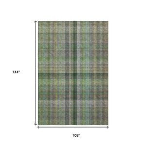 HomeRoots 9' X 12' Green and Gray Plaid Washable Area Rug with Stain Resistance & UV Protection for Homes 648507