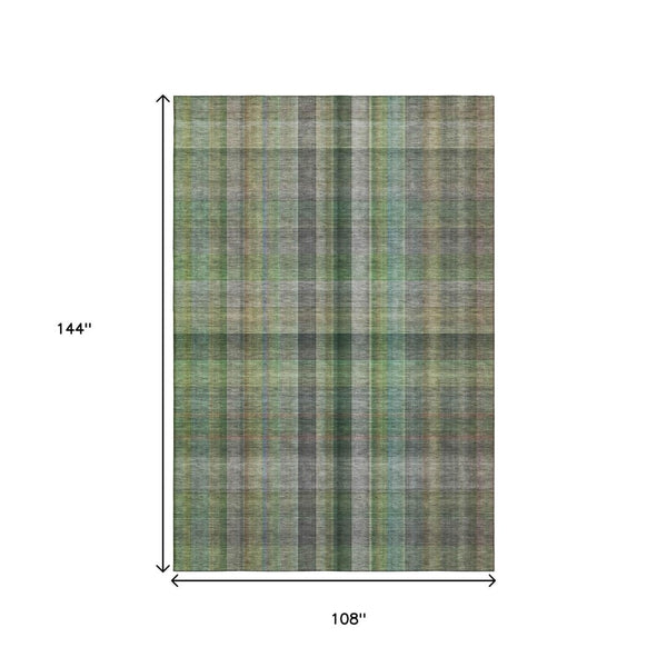 HomeRoots 9' X 12' Green and Gray Plaid Washable Area Rug with Stain Resistance & UV Protection for Homes 648507