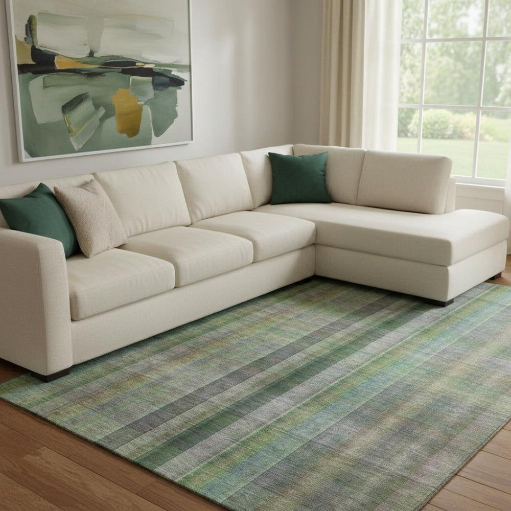 HomeRoots 9' X 12' Green and Gray Plaid Washable Area Rug with Stain Resistance & UV Protection for Homes 648507
