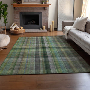 HomeRoots 9' X 12' Green and Gray Plaid Washable Area Rug with Stain Resistance & UV Protection for Homes 648507