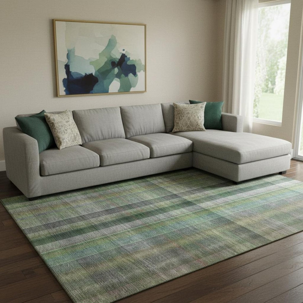 HomeRoots 10' X 14' Green and Gray Plaid Washable Area Rug – Durable, UV-Protected, Stain-Resistant Style for Homes 648508