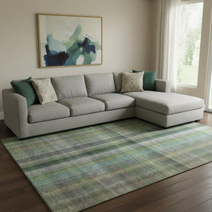 HomeRoots 10' X 14' Green and Gray Plaid Washable Area Rug – Durable, UV-Protected, Stain-Resistant Style for Homes 648508