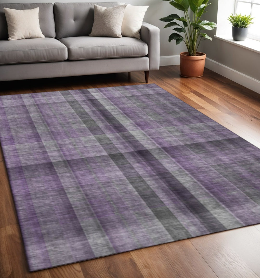 HomeRoots 5' X 8' Stylish Purple and Gray Plaid Area Rug – Washable, UV Protected, Stain Resistant, Durable Design 648510