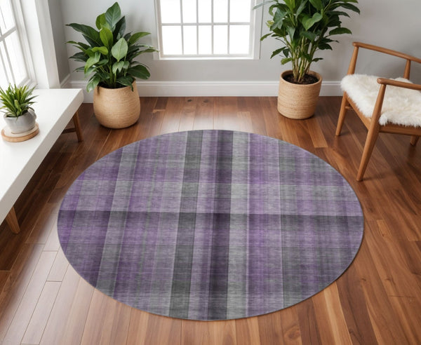 HomeRoots 8' Purple and Gray Plaid Washable Round Rug – Durable, Stain-Resistant, UV Protected for Family Homes 648511
