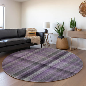HomeRoots 8' Purple and Gray Plaid Washable Round Rug – Durable, Stain-Resistant, UV Protected for Family Homes 648511